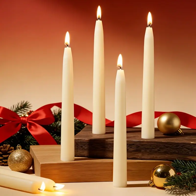 Four 10 inch long cone-shaped white candles, smoke-free and safe burning candles, used for home decoration, weddings, parties, and candlelight dinners, perfect holiday gifts and souvenirs