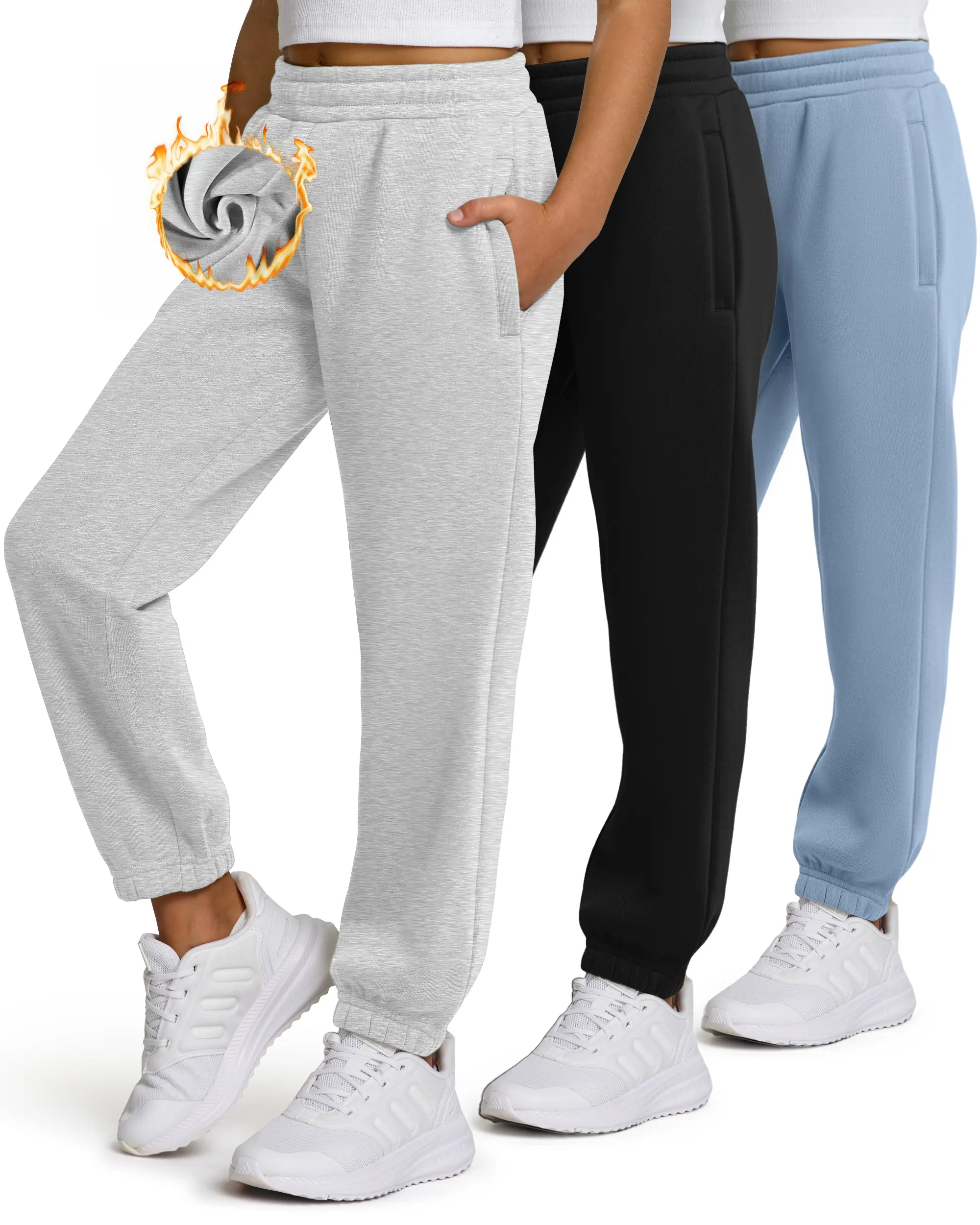 PURE CHAMP Girls' 3-Pack Premium Fleece Joggers, Buttery Soft Casual Jogger Sweatpants with Zipper Pockets and 4-Way Stretch for School & Sports