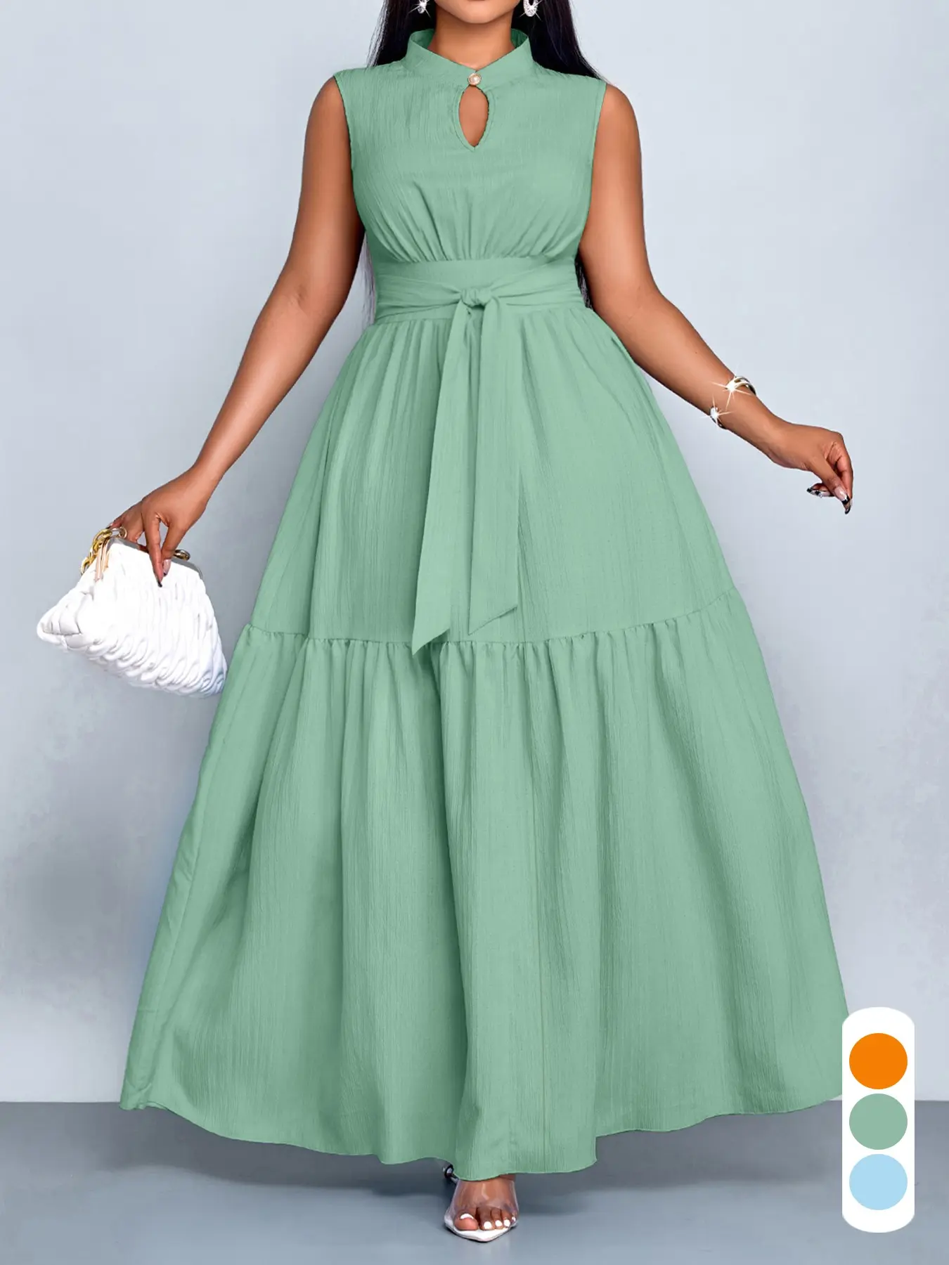 Elegant Solid Color Maxi Dress for Plus Size Women, Long Dress with Stand Collar and Waist Belt, All Seasons Fitted Chic Style, Summer Casual Wear - TikTok Shop Elegant Solid Color Maxi Dress for Plus Size Women, Long Dress with Stand Collar and Waist Belt, All Seasons Fitted Chic Style, Summer Casual Wear - TikTok Shop