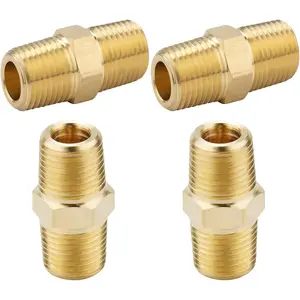 4 count Hex Nipple 3/8"NPT x 3/8" NPT Male Solid Brass Pipe Fitting, 3/8 inch Brass nipple Male Threaded Pipe Adapter Fittings Equal Nipples Connectors Couplings