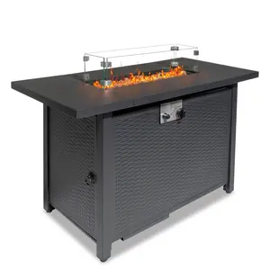 NEWZOME 43 Inch Outdoor Gas Fire Pit Table with 50000 BTU Propane Burner Volcanic Lava Rocks and Lid Modern Rectangular Firepit Table for Patio Deck Garden Backyard Heating in Black