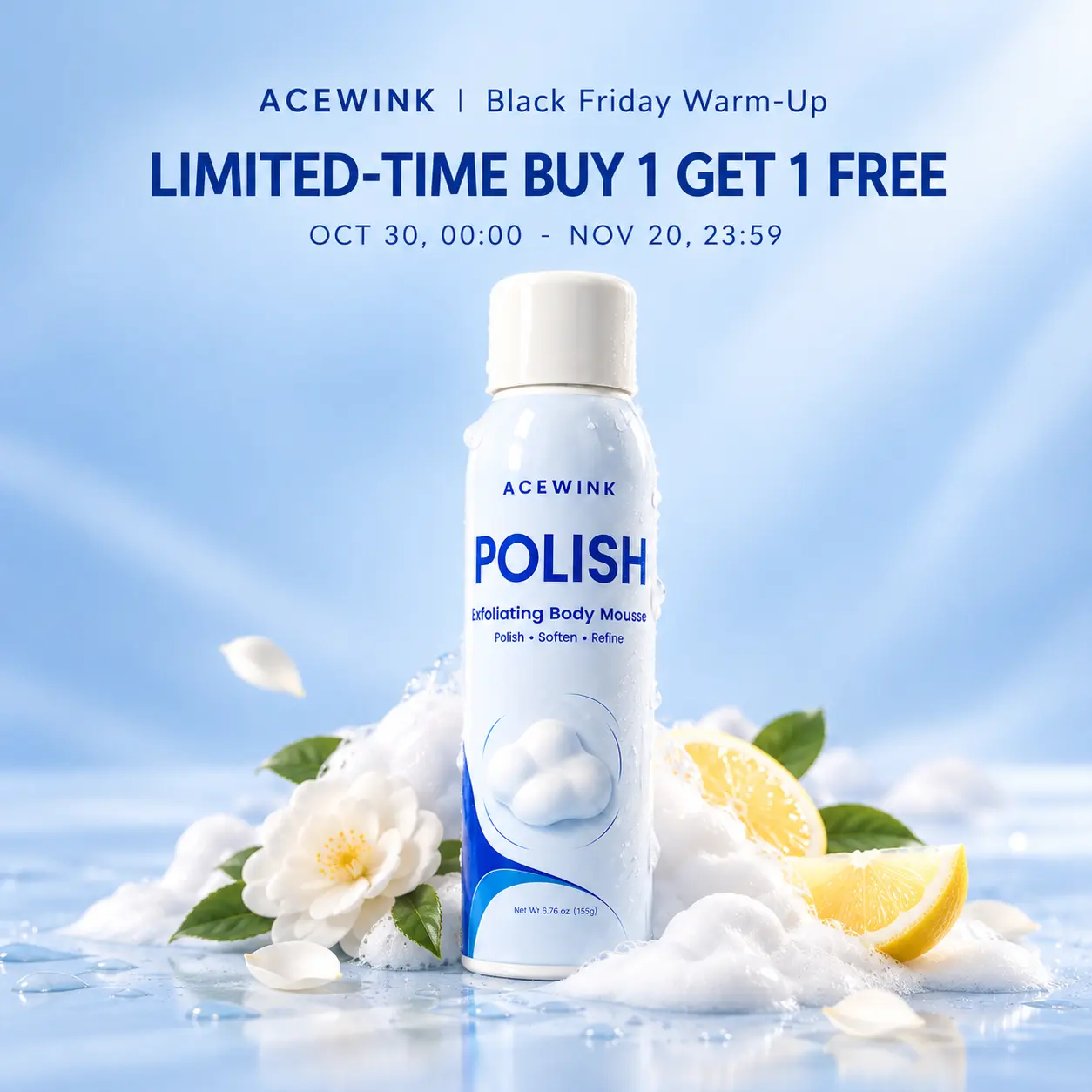 ACEWINK POLISH Exfoliating Body Mousse, Gentle Body Exfoliator with Niacinamide, Aloe Vera & Glycerin, White Tea & Lemon Scent, Softening & Smoothing Body Care