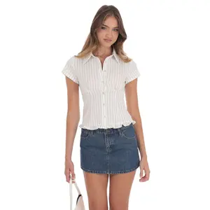 PinStripe Button-Up Ruffle Top in White