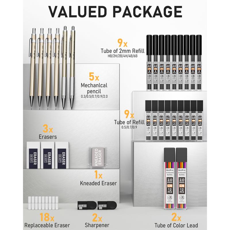 Nicpro 34PACK Art Mechanical Pencil Set, Metal Drafting Pencil 0.3 mm & 0.5 mm & 0.7 mm & 0.9 mm & 2PACK 2mm Lead Holder (6B 4B 2B HB 2H 4H Colors) For Sketching Drawing With 19 Tube Lead Refills Case
