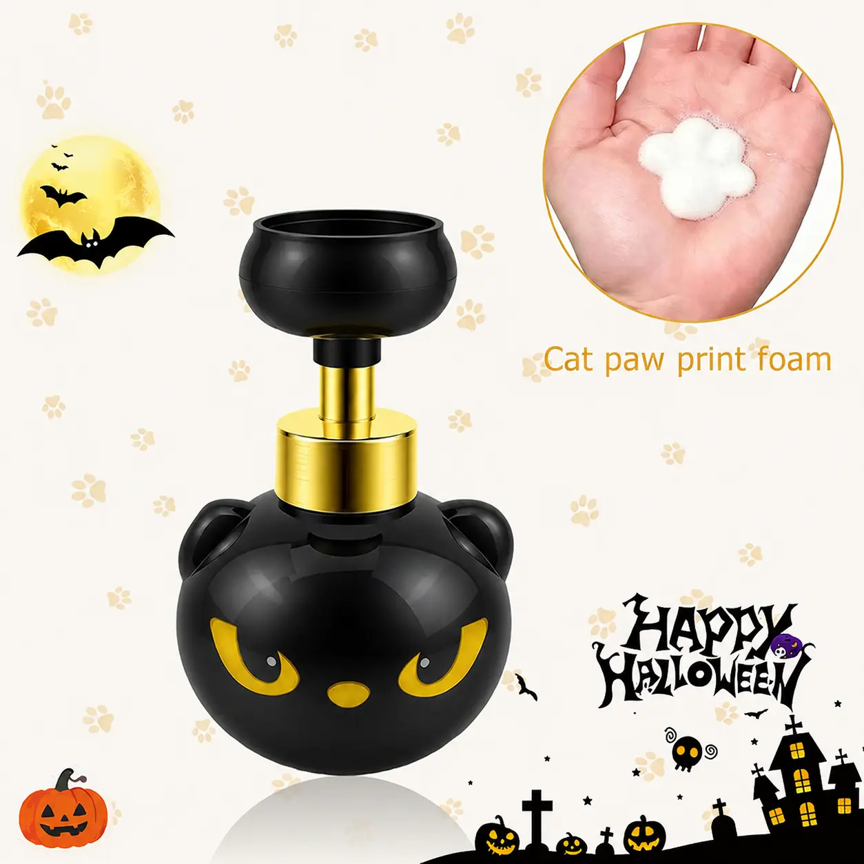 Cute Cat Paw Foam Soap Dispenser, Refillable Foaming Pump with Adorable Paw Print Foam Effect, Fun Hand Washing Accessory for Kids, Cat Lovers & Family, Bathroom Kitchen Sink Decor, Halloween Christmas Holiday Gift Idea