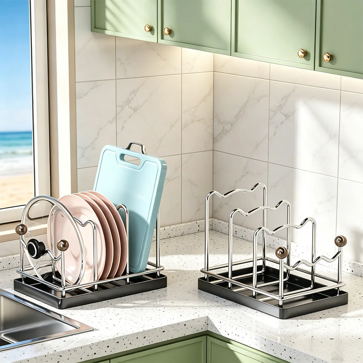Kitchen cupboard lid organiser; stainless steel lid rack with tray, suitable for frying pans, saucepans, baking utensils, dinner plates, baking trays, serving trays, cutlery, chopping boards and silverware storage
