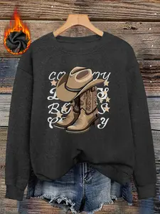 Western Cowboy Pattern Print Plus Size Women's Faux Sweater, Long Sleeve Round Neck Pullover, Soft Elastic Fabric, Casual Fall & Winter Top