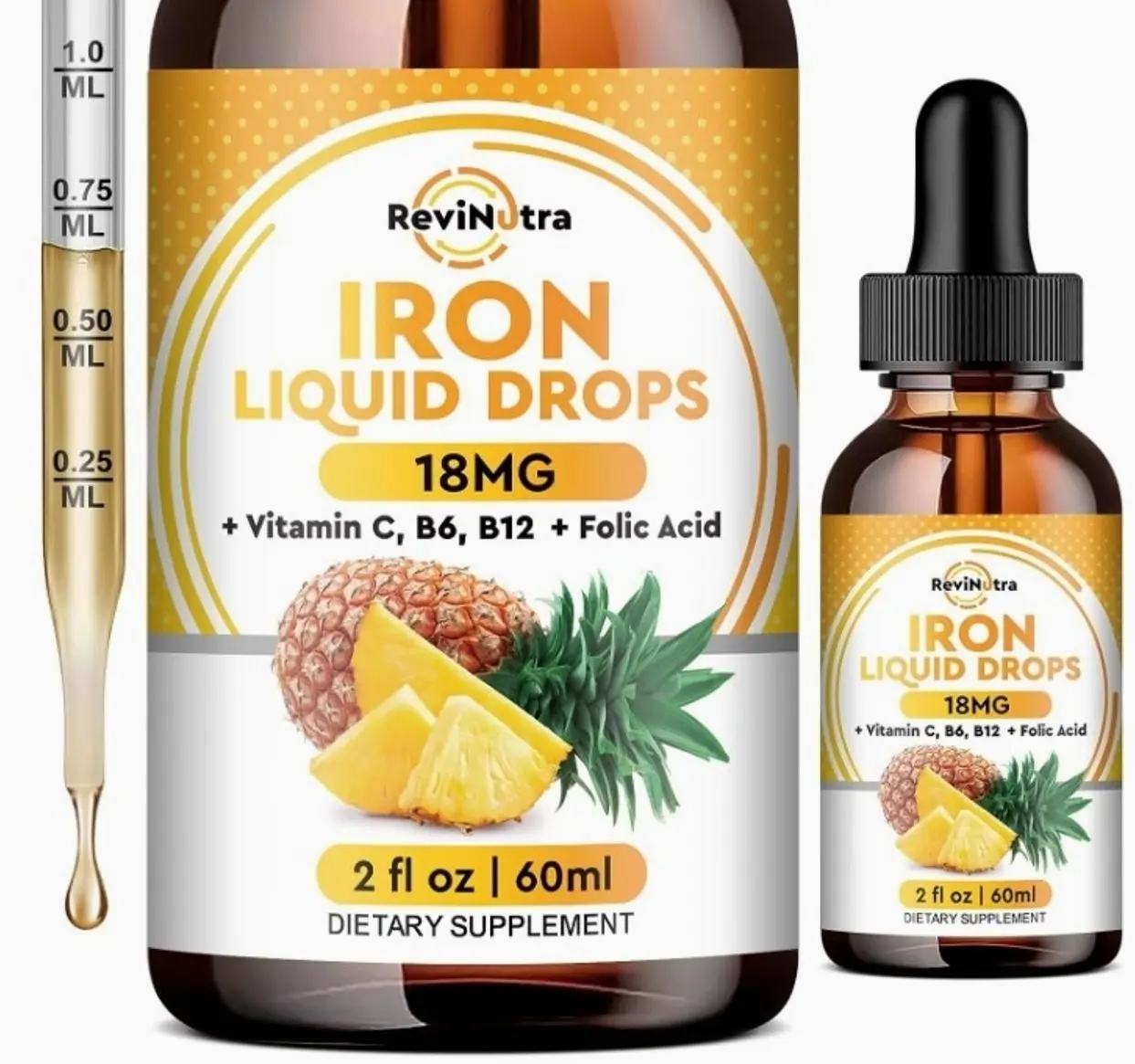 Liquid Iron Supplement for Women, Men & Kids, Liquid Iron Drops with Folate, Vitamin C, B6, B12 for Anemia, Red Blood Cell, Energy Support, Pineapple Flavor, 2 Fl Oz
