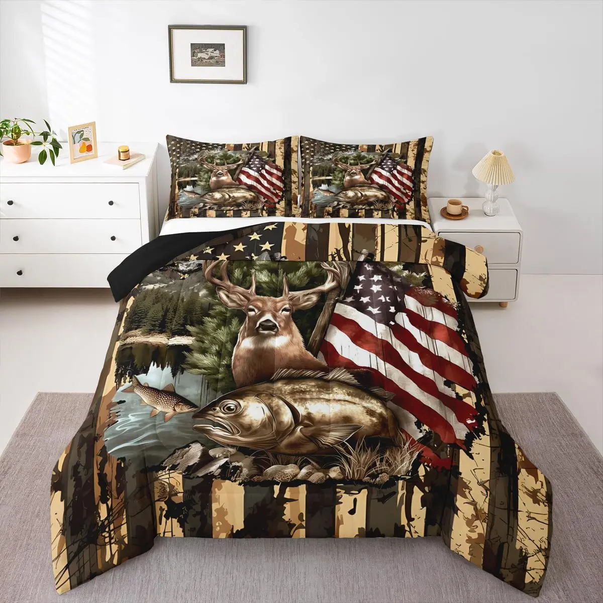 Cute Deer Comforter Set All Season Pike Fish Bedding Set 1 Fishing and Hunting Microfiber Bedclothes Farmhouse Lodge Country Bedroom Decor Duvet Quilt Soft