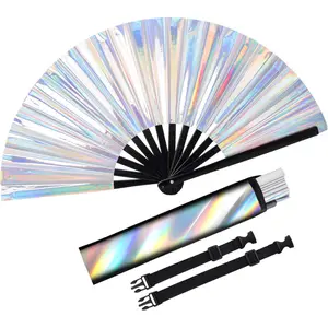Large Folding Holographic  Hand Fan with Rave Fan Holster for EDM Club Party Dance