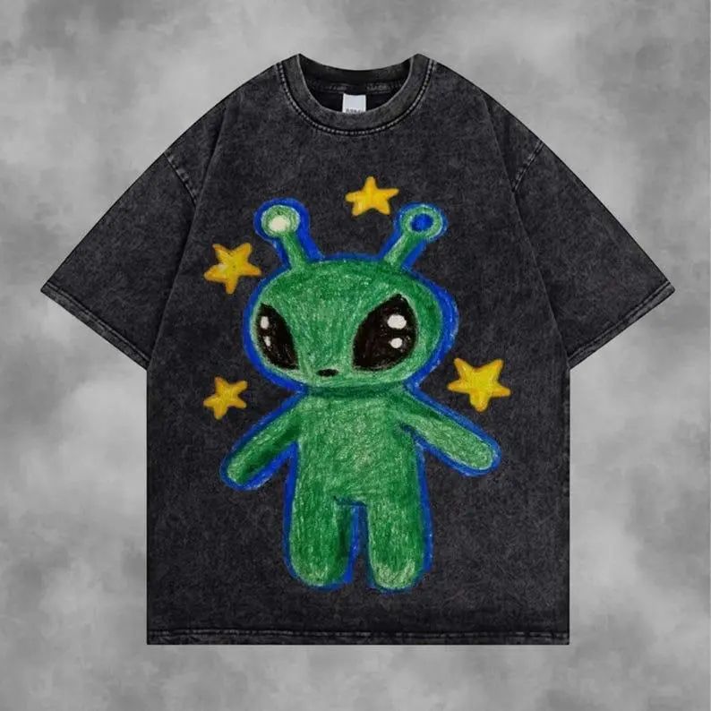 Men's Graphic T-Shirt, Vintage Wash Oversized Fit with Retro Alien Figure, Distressed Casual Short Sleeve Crew Neck Top, Cartoon, Round, Shortsleeve, Menswear, Vintage T-Shirts, Men's Gifts