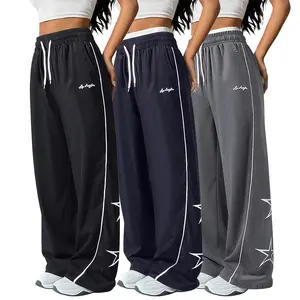 3-Pack Women’s Polyester Loose Athletic Pants, Five-Star Design, Drawstring Side Stripes, Casual Street Style
