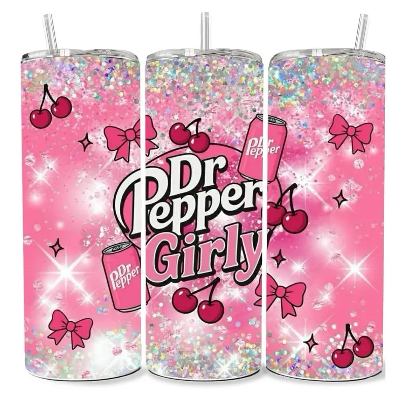 Dr Pepper Girly Tumbler with Glitter Design and Cherry Motifs, Pink Color, Includes Straw