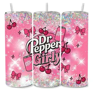 Dr Pepper Girly Tumbler with Glitter Design and Cherry Motifs, Pink Color, Includes Straw