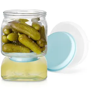 Glass Pickle Jar with Strainer Flip 46 FL OZ Double Leak-proof Lid for Olives Pickles Gherkins Jalapeños Garlic Beets & More Kitchen Canister Utensils Blue Food Storage Containers