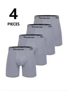 Men's Comfortable Casual Boxer Briefs, Fashionable Elastic Sports Underwear, Youth Plus Size Long Boxer Shorts, Workout Gym Underwear, 4 Pack
