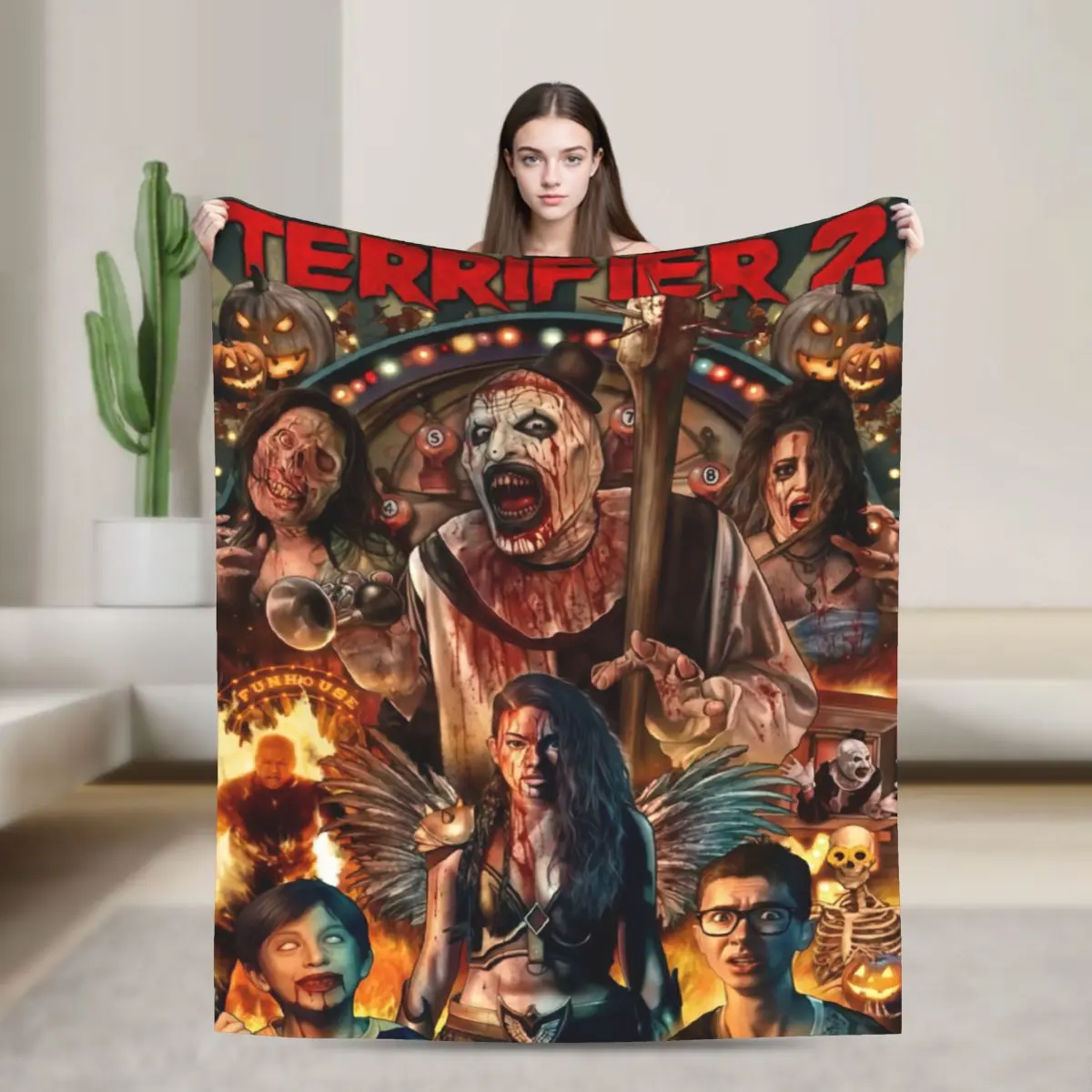 Art the Clown Blanket, Scary Horror Movie Flannel Blanket, Spooky Halloween Home Decor, Cozy Soft Lightweight Throw Blanket for Sofa Bed Couch, Perfect Gift for Terrifier Horror Movie Fans, Halloween Party Night Decoration