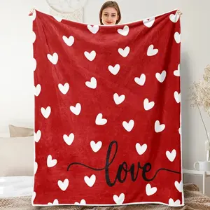 Valentine Throw Blanket, Red Love Hearts Flannel Warm Soft Cozy Fluffy Bed Couch Blanket, Romantic Home Chair Decoration