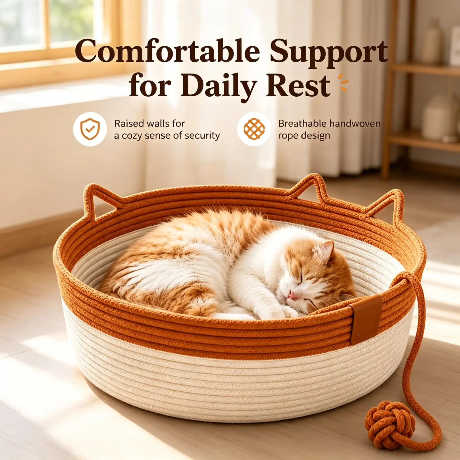 Instinct Basket for Cats, Handwoven Cat Basket Bed with Hanging Ball, Eliminates Bed Rejection Round Pet Basket, Stimuli Cats Boho Catbed, Suitable for Cat, Puppies, Rabbits，Brown：S：34*13cm/13.3*5.1in