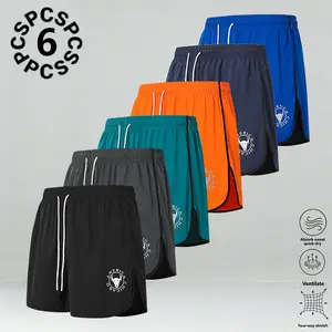 6 Pack Men's Shorts Set  Quick Dry Breathable Polyester Blend Solid Color Bull Head Lettering Four-way Stretch for Running Football Badminton Basketball Pingpong Weightlifting Gym Workout