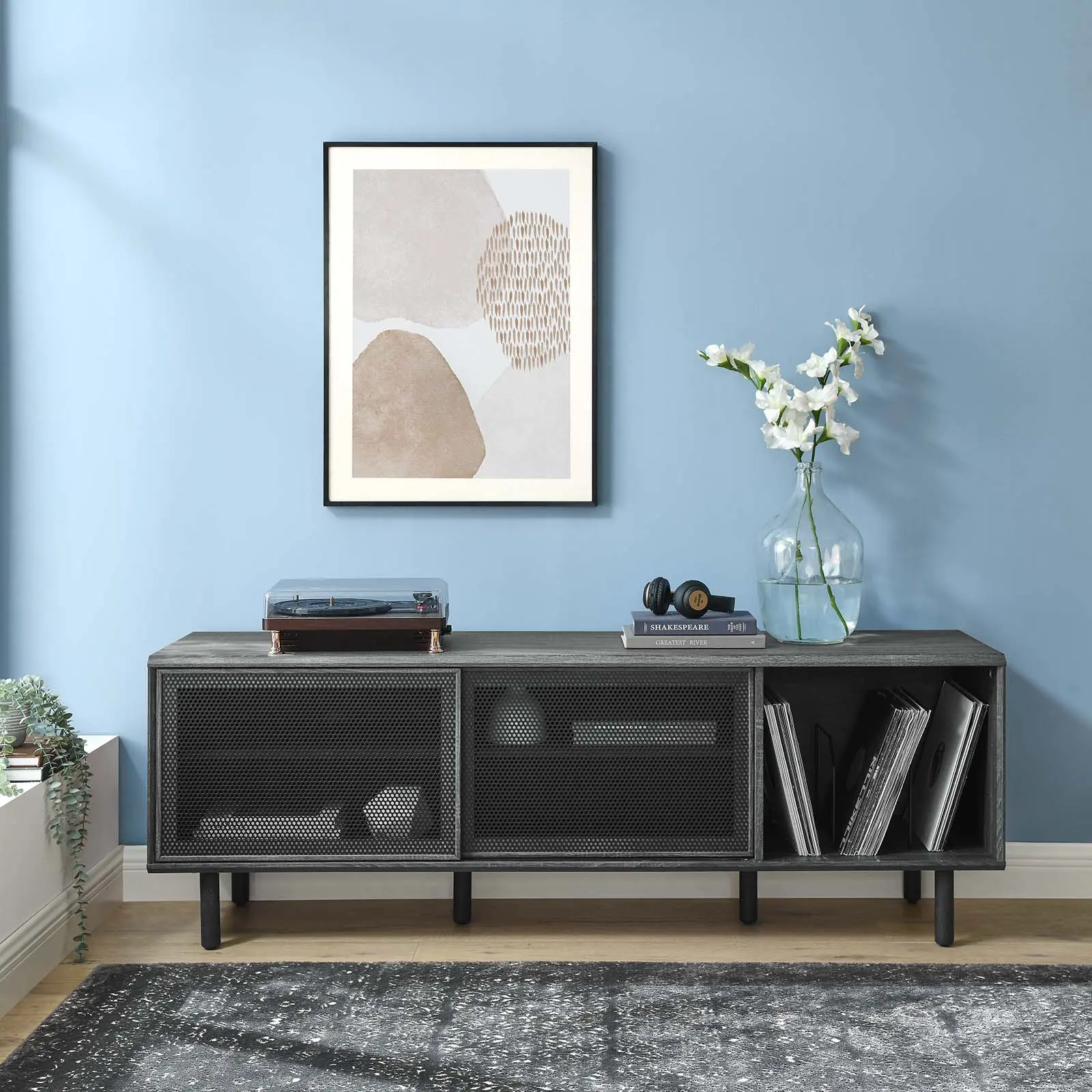 Modway Kurtis 67" Modern TV Stand - Charcoal Indoor Furniture with Shelf and Console Cabinet for Vinyl Records, Tv Shelf, Tv Console Cabinet