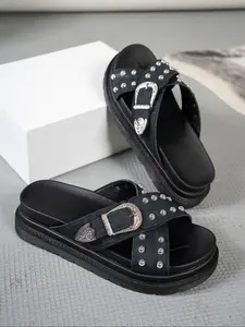 Women's Fashionable Studded Decorated Slides, Casual Comfortable Flat Sandals for Summer, Lightweight Breathable Shoes for Daily Wear
