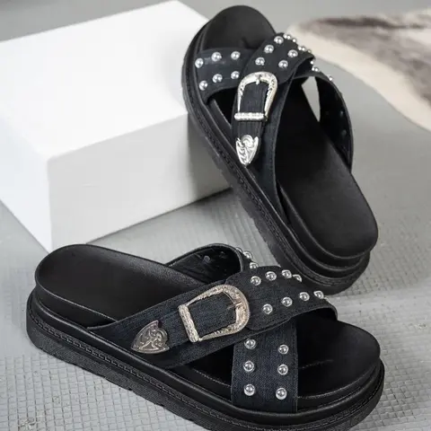 Women's Fashionable Studded Decorated Slides, Casual Comfortable Flat Slippers Sandals for Summer, Lightweight Breathable Shoes for Daily Wear