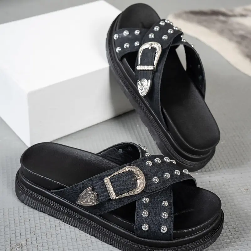 Women's Fashionable Studded Decorated Slides, Casual Comfortable Flat Slippers Sandals for Summer, Lightweight Breathable Shoes for Daily Wear