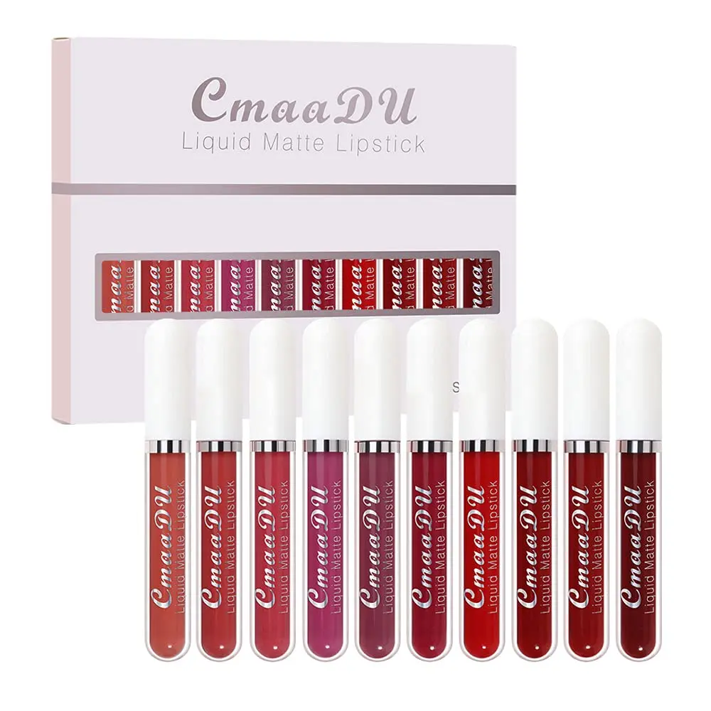 10Pcs Dark Red Liquid Matte Matt Lipstick Set Long Lasting 24 Waterproof Smudge Proof Liquid Catsuit Matte Bulk Lipstick Set for Black Women