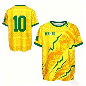 Men's Aztec Tribal Print Soccer Jersey, Yellow Green Short Sleeve Sports Tee Mexico-Inspired Aztec Pattern Football Jersey, Casual Streetwear T-Shirt