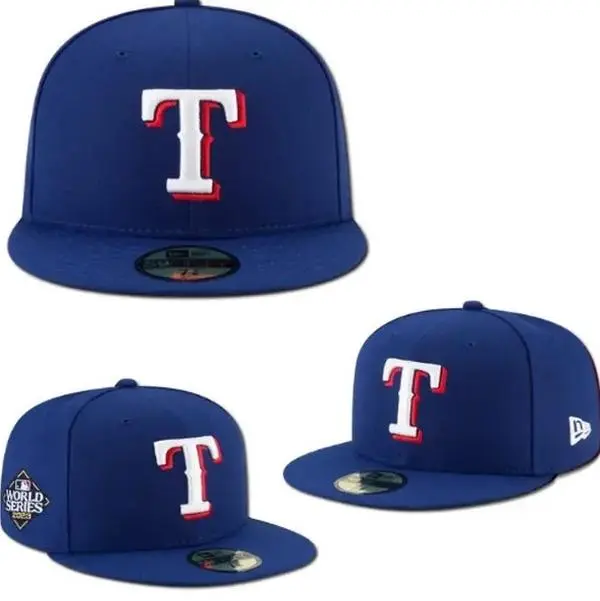 Royal Blue New Era Texas Rangers 59FIFTY Fitted Hat – Flat Brim Baseball Cap Featuring Embroidered White and Red “T” Logo & World Series Patch, Premium MLB Streetwear Headwear