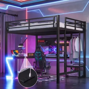 Queen Loft Bed with L-shaped Desk and USB Ports, Metal Loft Bed with Computer Tray, Peg Board, and Gaming Style Z-shaped Lights, Black