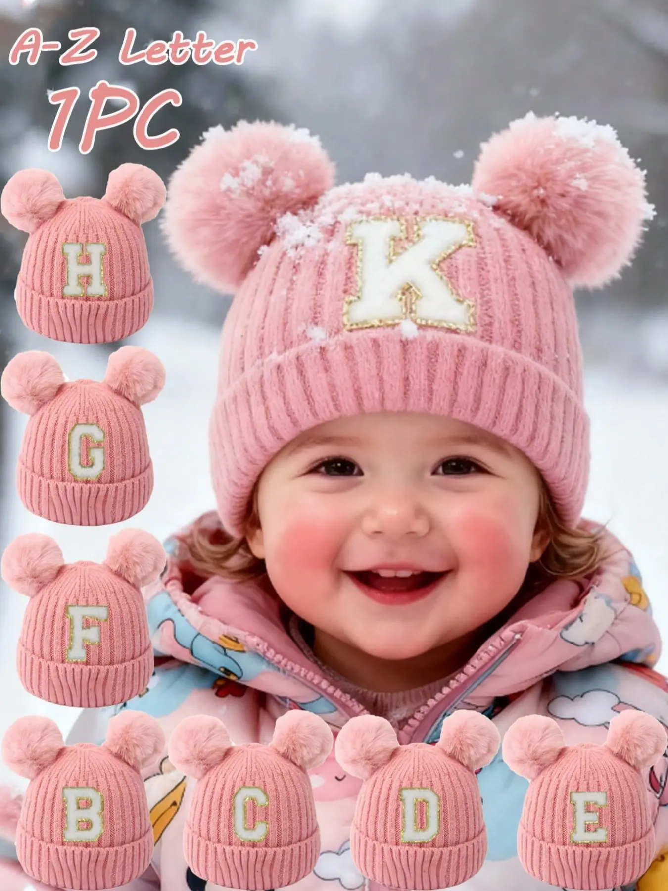 Mini Cute Knitted Hat, Beanies, Bonnet With Bunny Ears, Custom Letter A-Z Winter Warm Solid Color, Cartoon Fur Ball Design, Elastic Lightweight, 0-3 Years Boys Girls