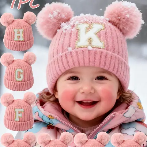 Mini Cute Knitted Hat, Beanies, Bonnet With Bunny Ears, Custom Letter A-Z Winter Warm Solid Color, Cartoon Fur Ball Design, Elastic Lightweight, 0-3 Years Boys Girls