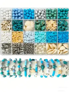 24 Grid 1200pcs Ocean Theme Acrylic Bead Set, Bead Assortment, DIY Jewelry Making Kit, Bracelet Necklace Craft Supplies, Includes Large Storage Box