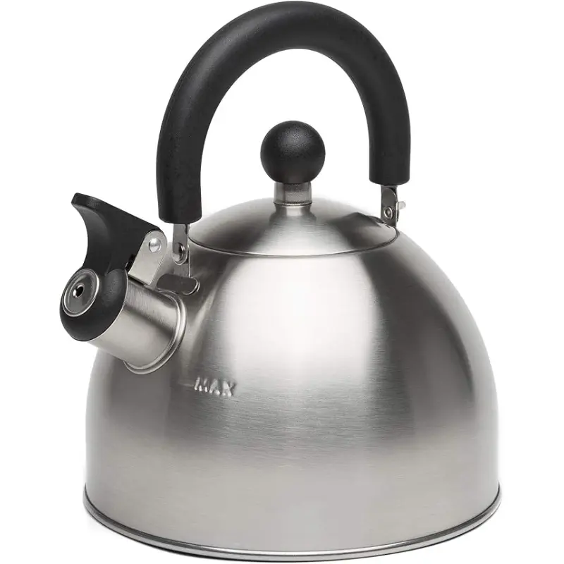 Primula Stewart Whistling Stovetop Tea Kettle: Quick-Boil, 1.5-Quart Food-Grade Stainless Steel Kettle with Brushed Finish, Cool touch safe hot water