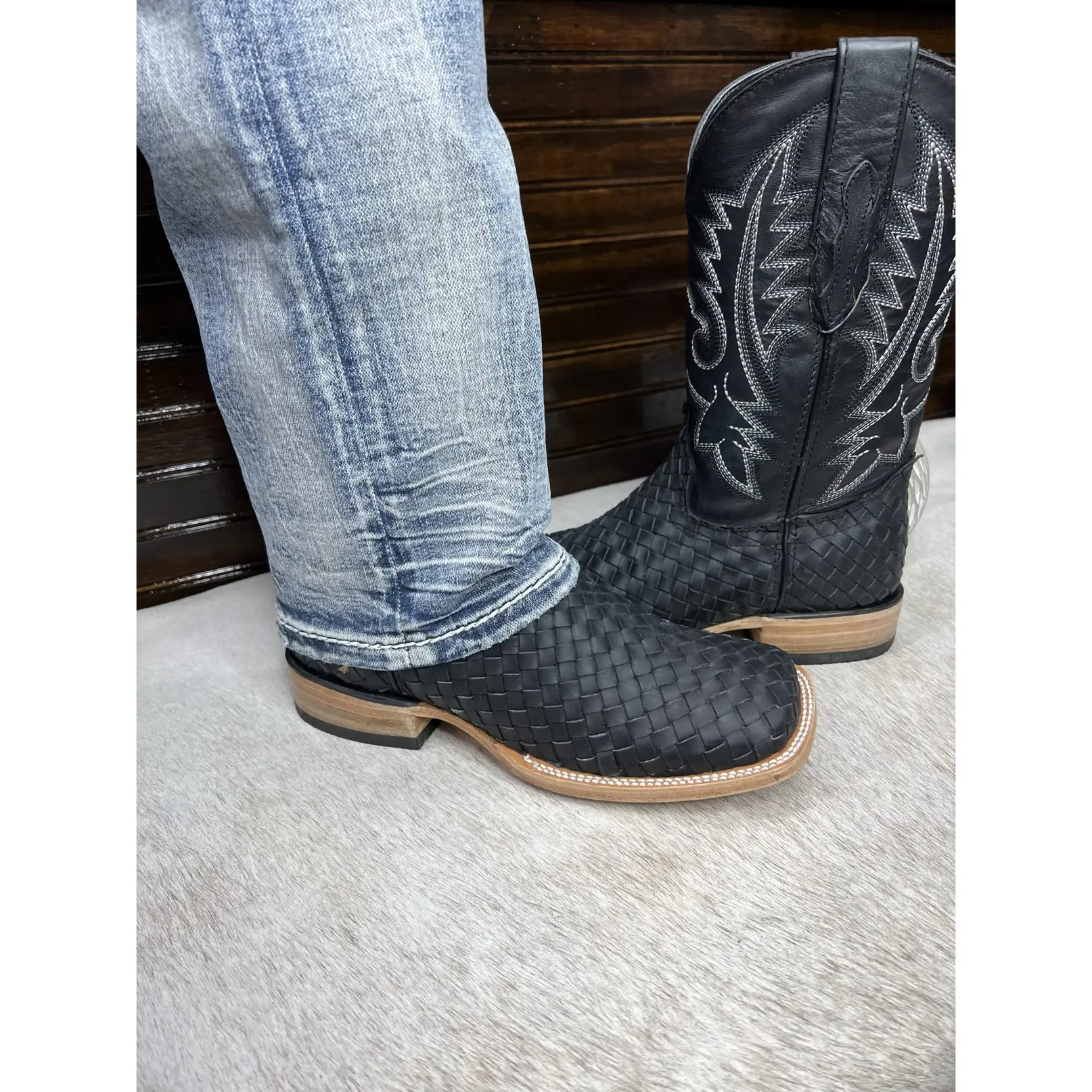 Mens Black Basketweave Leather Boots Square Toe