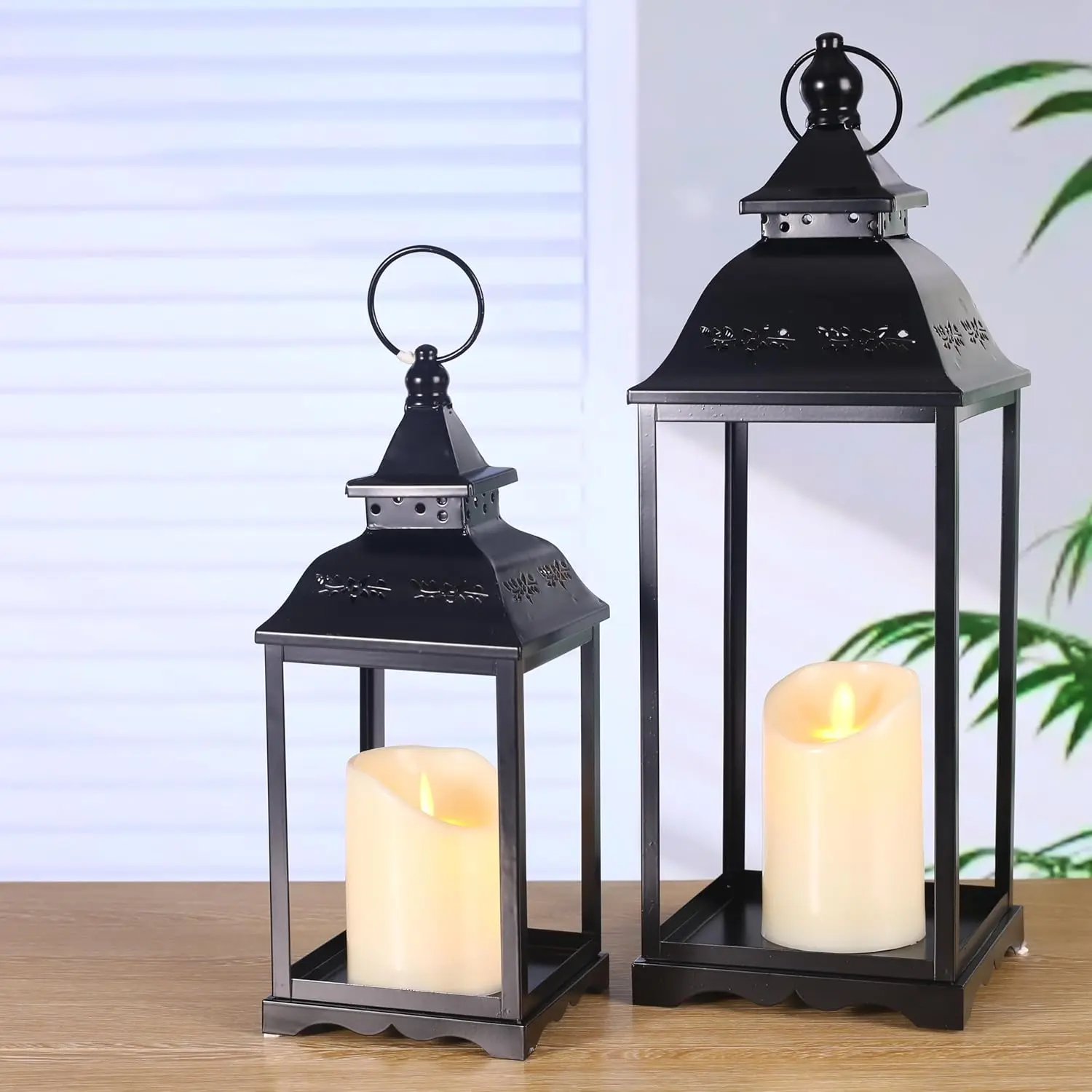 2 Pack Outdoor Lantern for Porch, Black Farmhouse Lanterns Indoor, 17'' 12'' Lantern Decor (no Glass) with 2 count LED Flameless Candles for Halloween Christmas Wedding Fireplace Table Decor