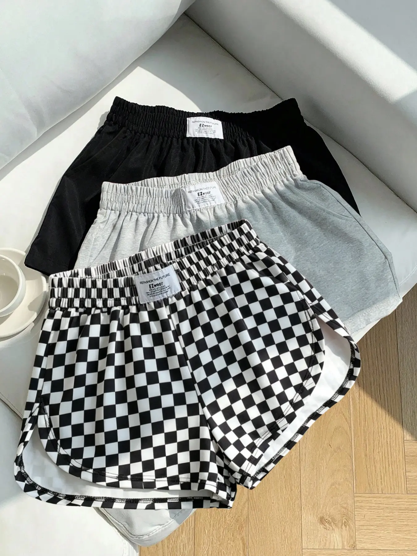 3 pieces, Y2K American black and white checkered Bottom shorts and 2 solid color casual Streetwear Baggy Bottom shorts, with a street atmosphere and style, suitable for women's daily summer vacation and date outfits