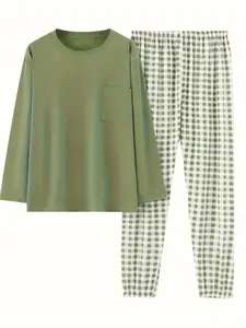 Women's Plus Size Casual Sleepwear Set Pajamas, Long Sleeve Solid Color Top & Plaid Pants Two-Piece Loungewear, Comfortable Home Wear