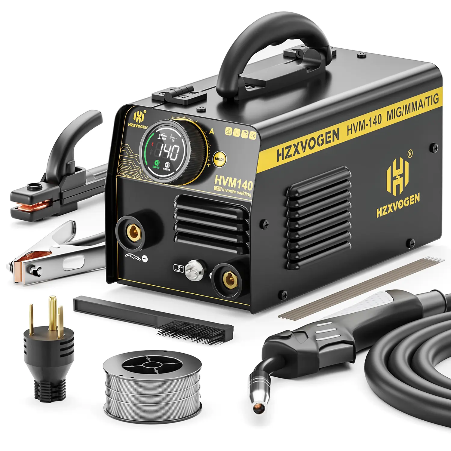 HZXVOGEN HVM140 3-in-1 Compact Lightweight Portable IGBT Inverter Welder - 110V/220V, 140A Output, 7.7 lbs, Flux Core, Lift TIG, Stick, LED Digital Screen, Ideal for Home DIY Projects, Outdoor Repairs