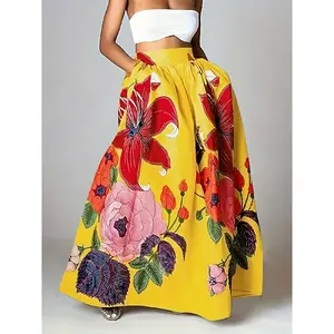 2025 Women's High Waist A- line Skirt-Colorful Floral Print, Bright Yellow, Machine Washable Non-Stretch Fabric, Holiday Casual with Pockets Maxi Flower Womenswear skirts Bottom Polyester Fitted Gold Woven