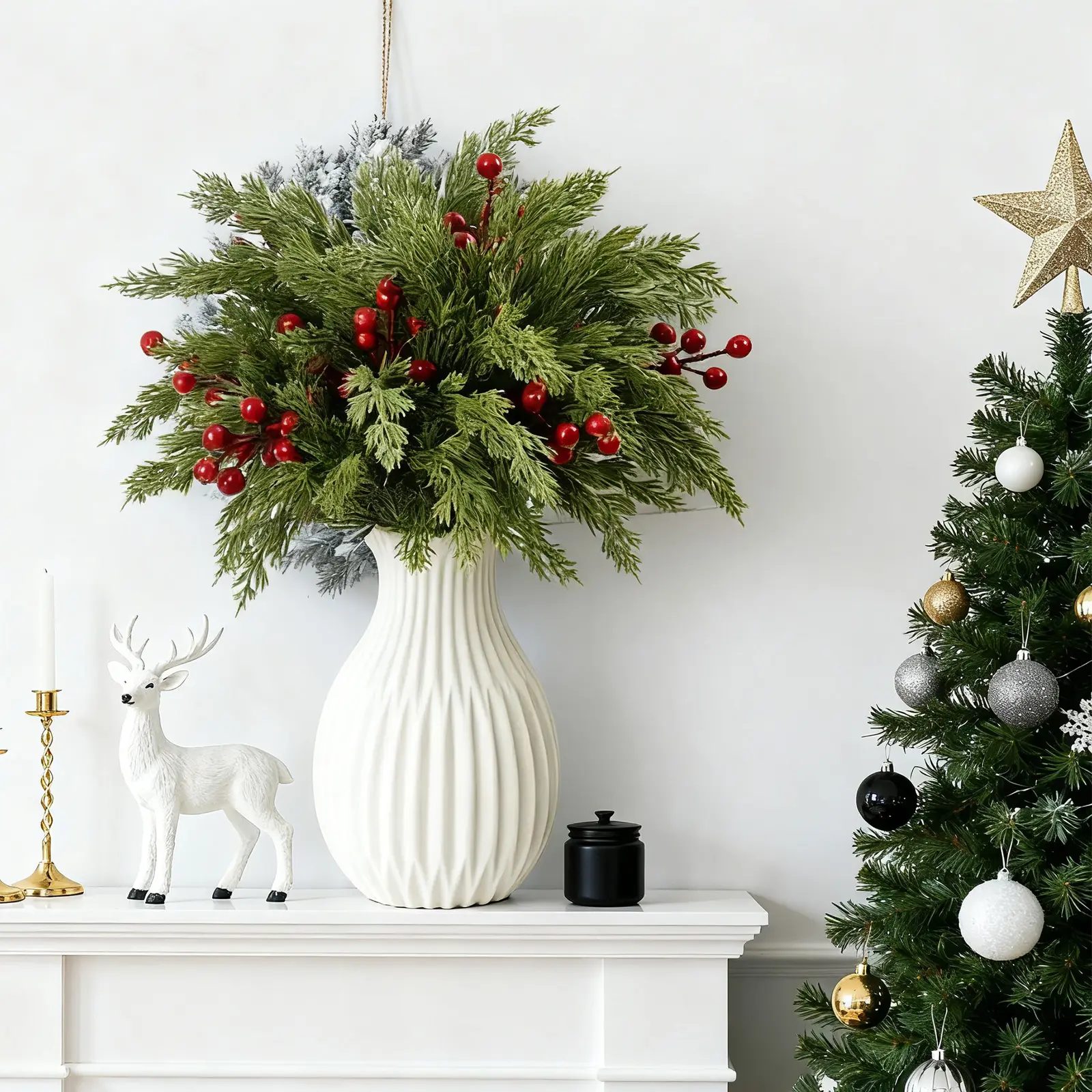 Lifelike 17.7in Pine & Berry Christmas Bouquet - Holiday Decoration for Table, Mantel, Front Door