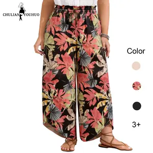 Chulianyouhuo 2026 Women Elastic Palazzo Pants Plus Size High Waist Wide Leg Lounge Casual Trousers with Pockets Floral Flowy Loose Womenswear