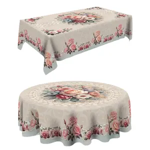 1 pink printed tablecloth, rustic style, made of easy to clean polyester material, suitable for home kitchens, terraces, garden parties, daily dining table decoration, spring decoration, suitable for both indoor and outdoor use