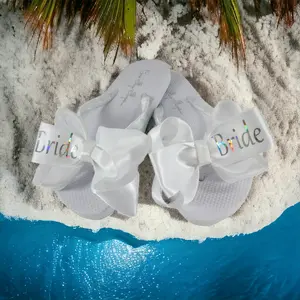 Sparkly Bride Satin Bow Flat Flip Flops, White & Silver Sandal Footwear Women Wedding