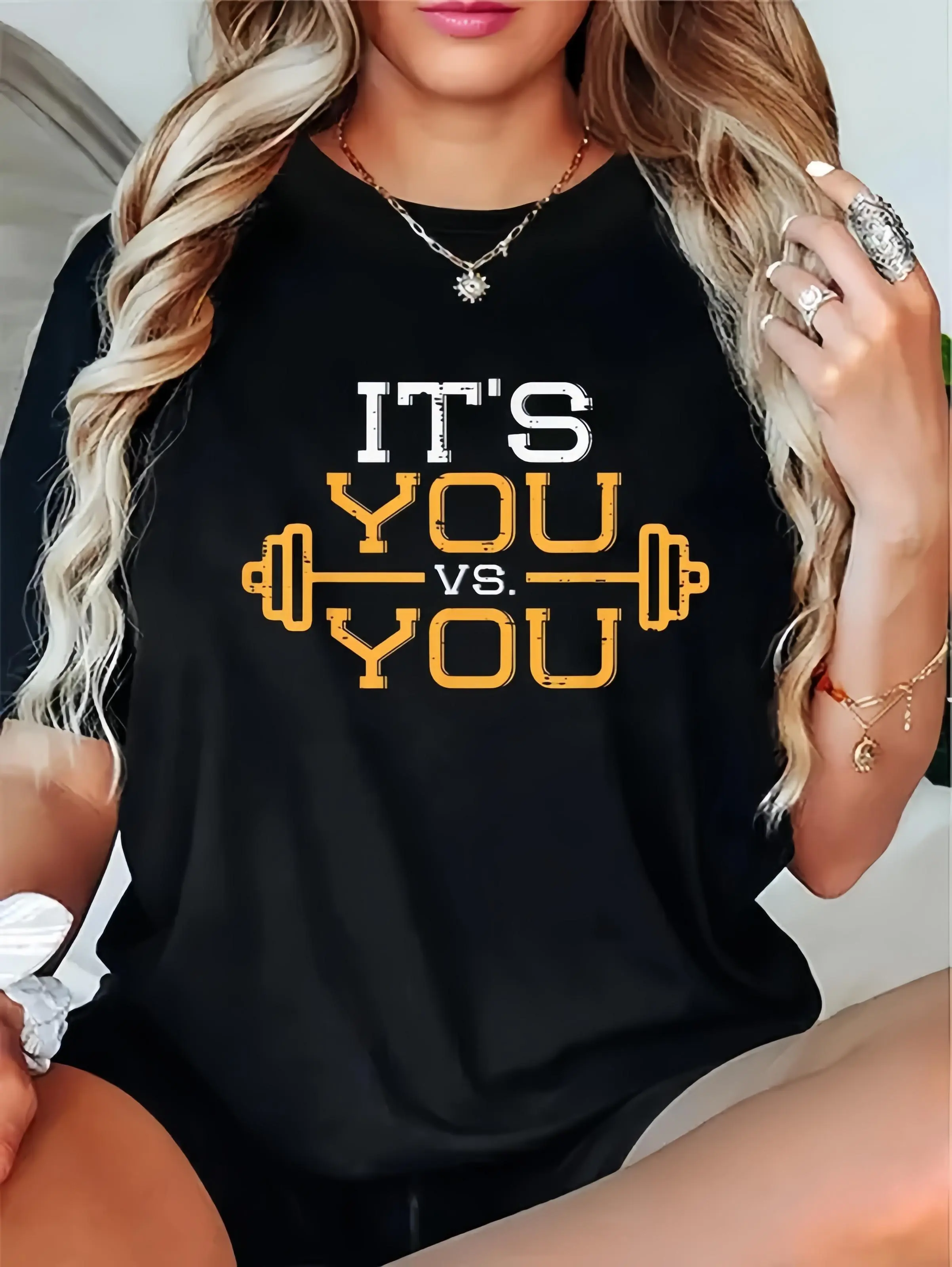 Women's 100% Cotton Short Sleeve Crew Neck Fitted Graphic T-shirt - 'It's You Vs You' Motivational Slogan, Sporty Chic, Athletic, Fitness, Casual Tops, 1-2cm Error