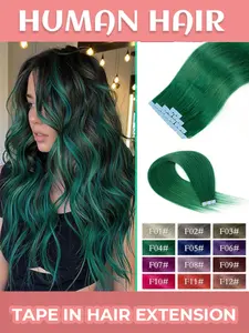 Green Mini Tape In Human Hair Extensions Suitable for Hair Types, Natural Straight 12/16/20 Inch Lengths with Instant Highlights for DIY at Home, Easy Application, Straight Hair, Unisex, Multiple Colors