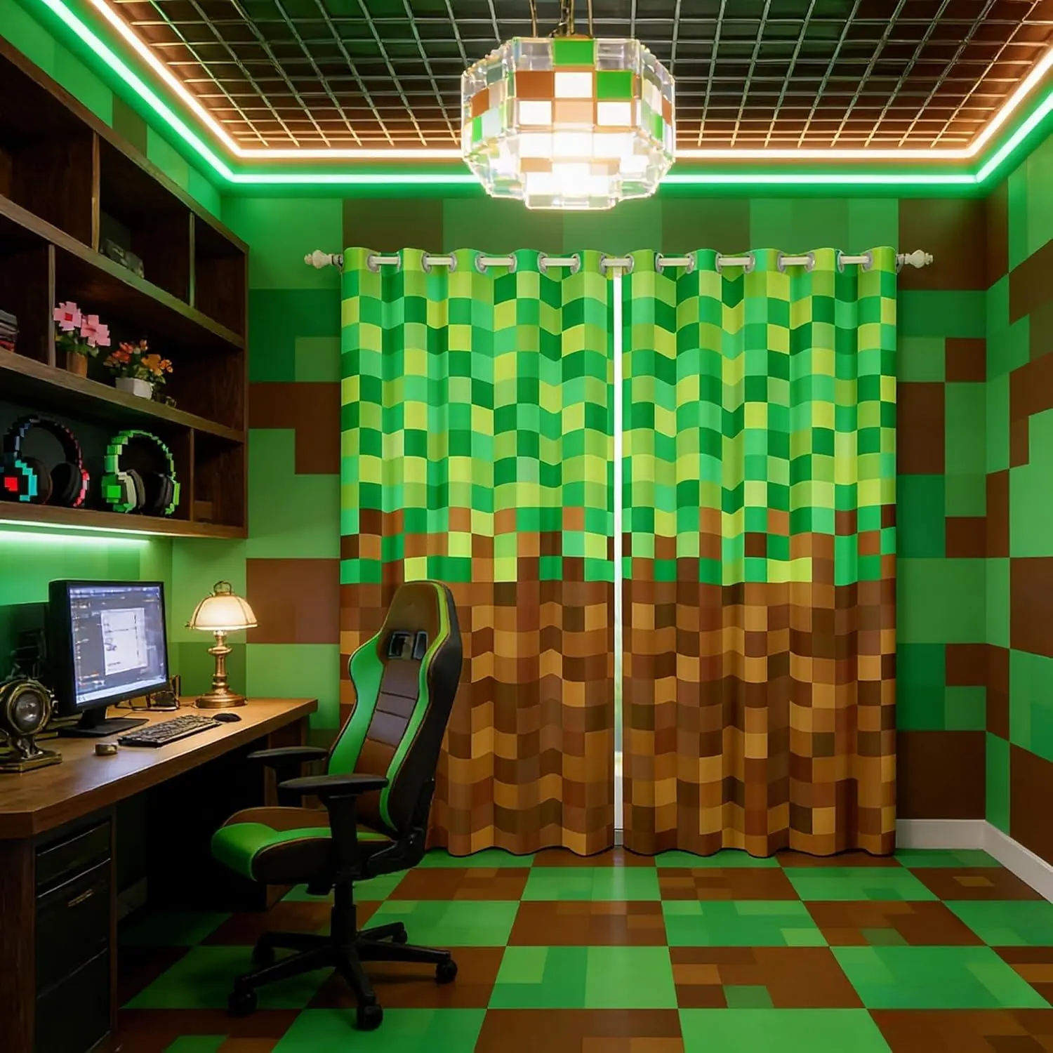 Pixelated Window Curtain Set,of 2 Panels,Video Games Gamepad Miners Window Drapes,Geometric Grid Curtains for Kids Adults Bedroom Decor,Brown Green 38Wx45L