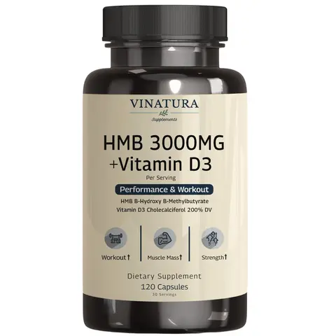 VINATURA HMB 3000mg and Vitamin D3 Supplement Capsules per Serving *USA Made & Tested* Promotes Muscle Growth & Recovery - HMB Supplement and Vitamin D3 (1600 IU) - 120 Capsules 30 Servings Healthcare, Dietary Supplement, Edible, Fitness